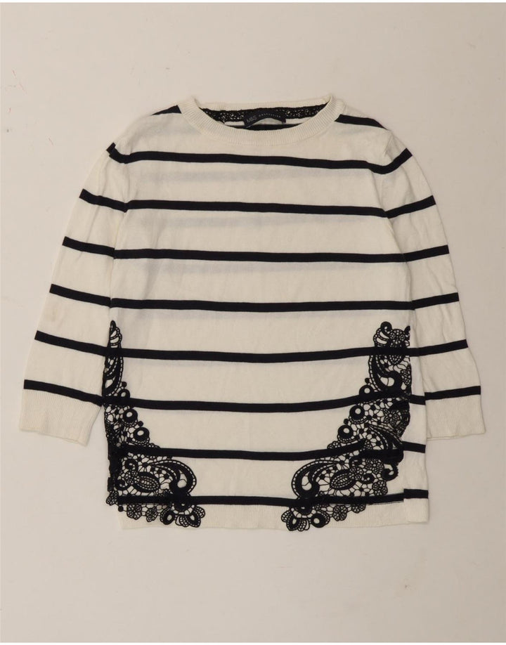 Marks & Spencer Damen-Top, 3/4-Ärmel, UK-Größe 8, Größe S, weiß, gestreift, Baumwolle