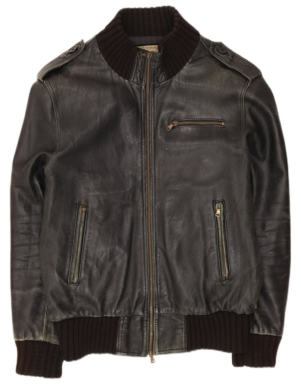 Vintage Mens Military Leather Jacket UK 42 XL Black Leather