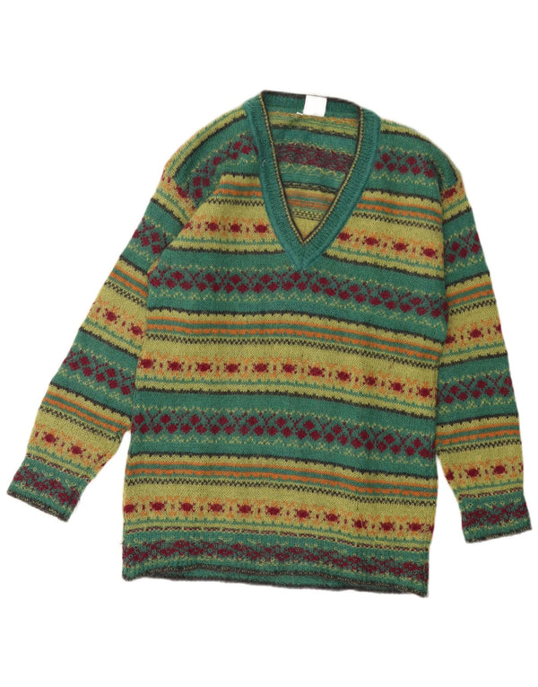 PIU VERONA Damen Pullover mit V-Ausschnitt, UK 14, Mittelgrün, Fair Isle
