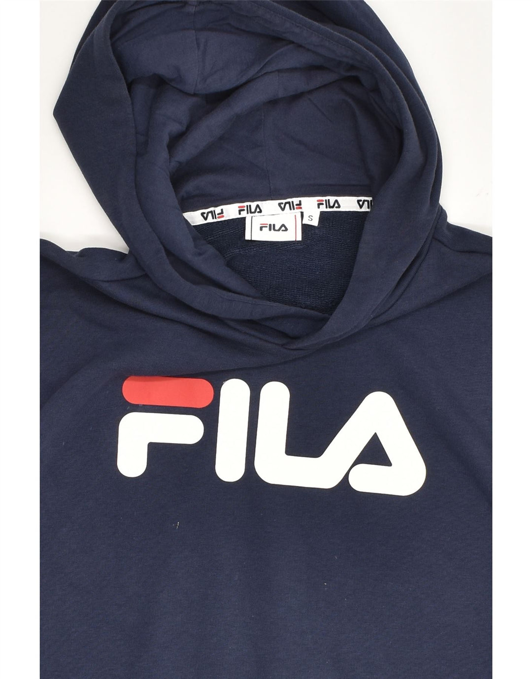 FILA Mens Graphic Hoodie Jumper Small Navy Blue Colourblock Cotton | Vintage Fila | Thrift | Second-Hand Fila | Used Clothing | Messina Hembry 
