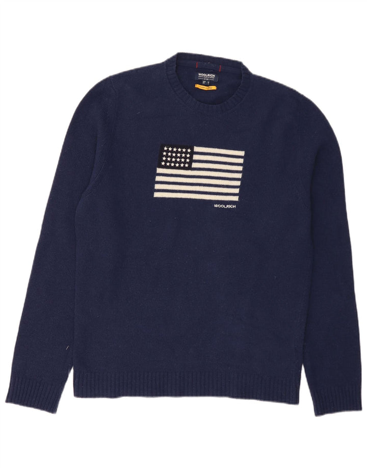 Woolrich Herren-Pullover mit grafischem Rundhalsausschnitt, mittleres Marineblau, Wolle, USA