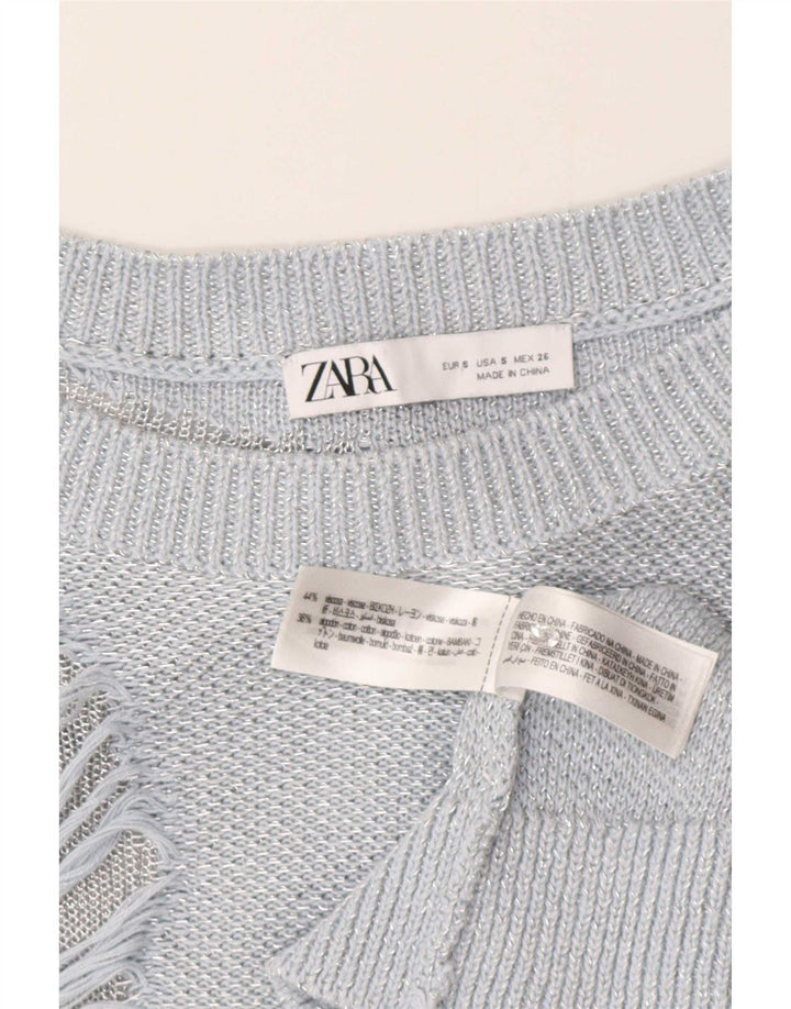 Zara Damen-Pullover im Used-Look, übergroß, U-Boot-Ausschnitt, Gr. 10, klein, Blau