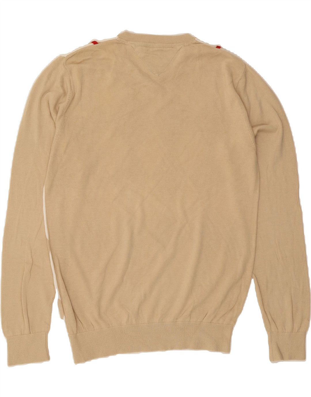 TOMMY HILFIGER Mens V-Neck Jumper Sweater Medium Beige Argyle/Diamond Vintage Tommy Hilfiger and Second-Hand Tommy Hilfiger from Messina Hembry 