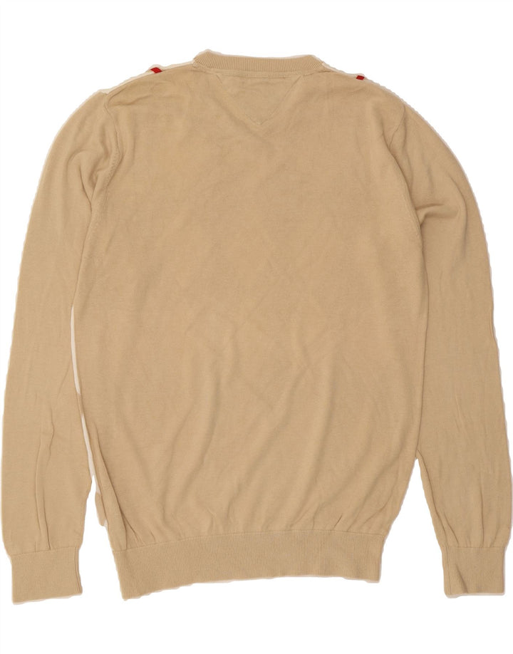 TOMMY HILFIGER Mens V-Neck Jumper Sweater Medium Beige Argyle/Diamond Vintage Tommy Hilfiger and Second-Hand Tommy Hilfiger from Messina Hembry 