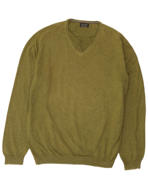 Massimo Dutti Herren-Pullover mit V-Ausschnitt, XL, Khaki, Baumwolle