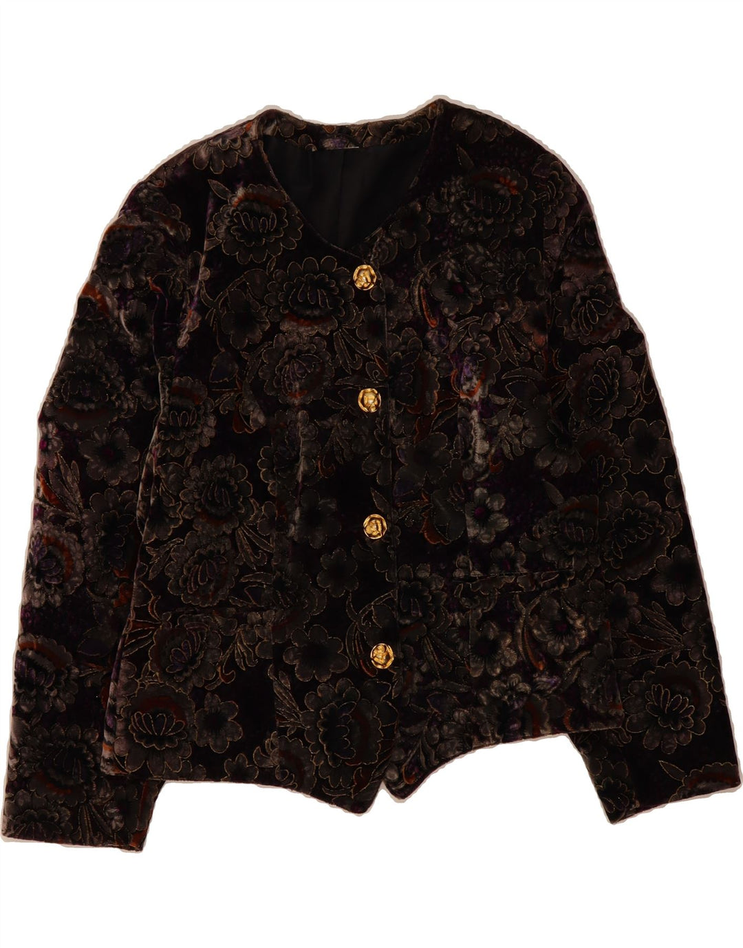 VINTAGE Womens Velvet 4 Button Blazer Jacket UK 14 Medium Purple Floral Vintage Vintage and Second-Hand Vintage from Messina Hembry 