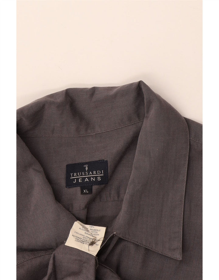 Trussardi Herren-Kurzarmhemd XL aus grauer Baumwolle mit Fischgrätenmuster