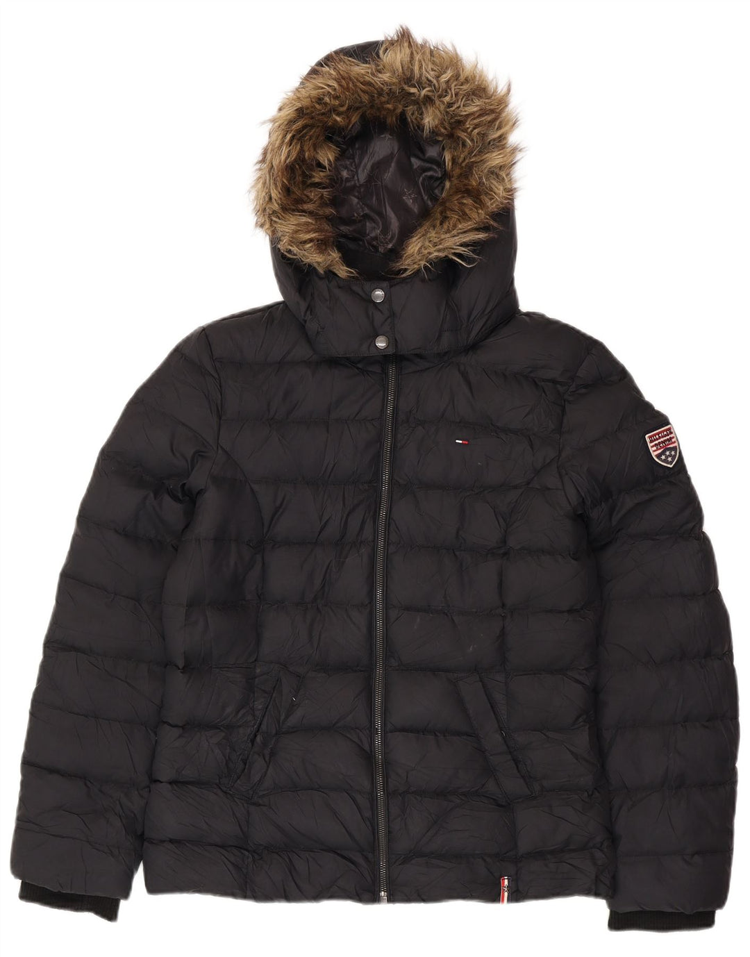 TOMMY HILFIGER Wattierte Damenjacke mit Kapuze, UK 16, Größe L, Schwarz, Polyester