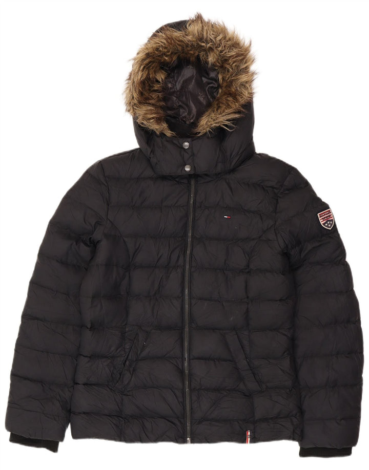 TOMMY HILFIGER Wattierte Damenjacke mit Kapuze, UK 16, Größe L, Schwarz, Polyester