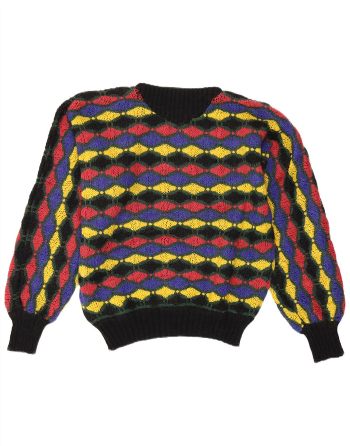 Vintage Damen Pullover mit U-Boot-Ausschnitt, Größe 46, groß, mehrfarbig, geometrisch