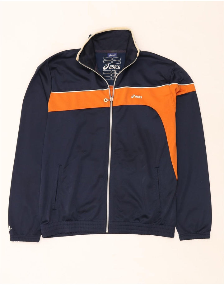 ASICS Herren-Trainingsanzug-Top-Jacke, mittelgroßes marineblaues Farbblock-Polyester
