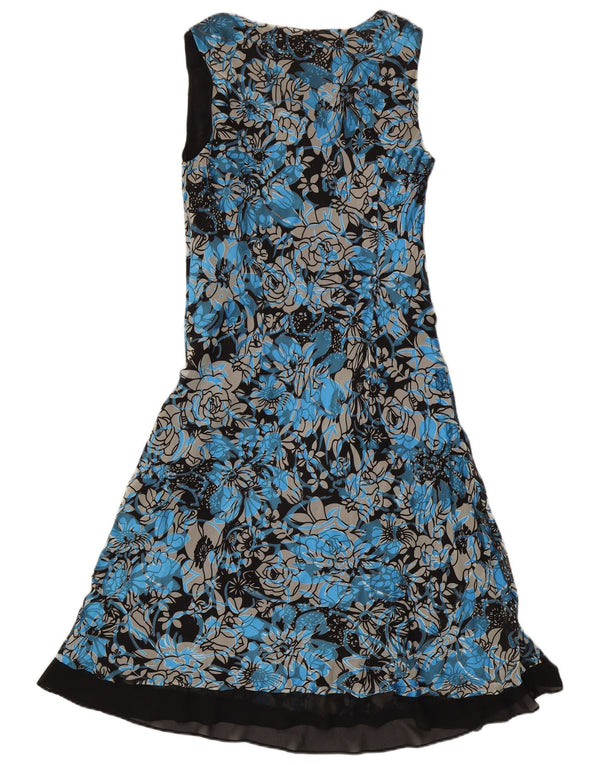 Jacques Vert Damen ärmelloses A-Linien-Kleid UK 14 Große blaue Viskose mit Blumenmuster