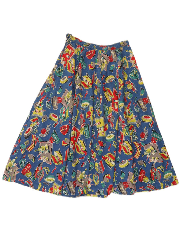 Vintage Damen Faltenrock mit abstraktem Muster, ausgestellt, W24 XS, Blau