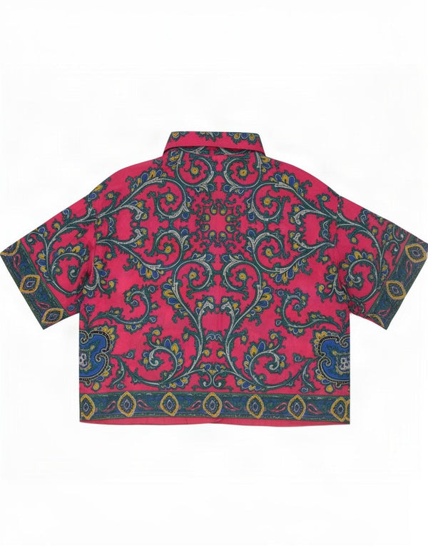 Vintage Damen Crop Kurzarm-Hemdbluse UK 10 Small Pink Paisley