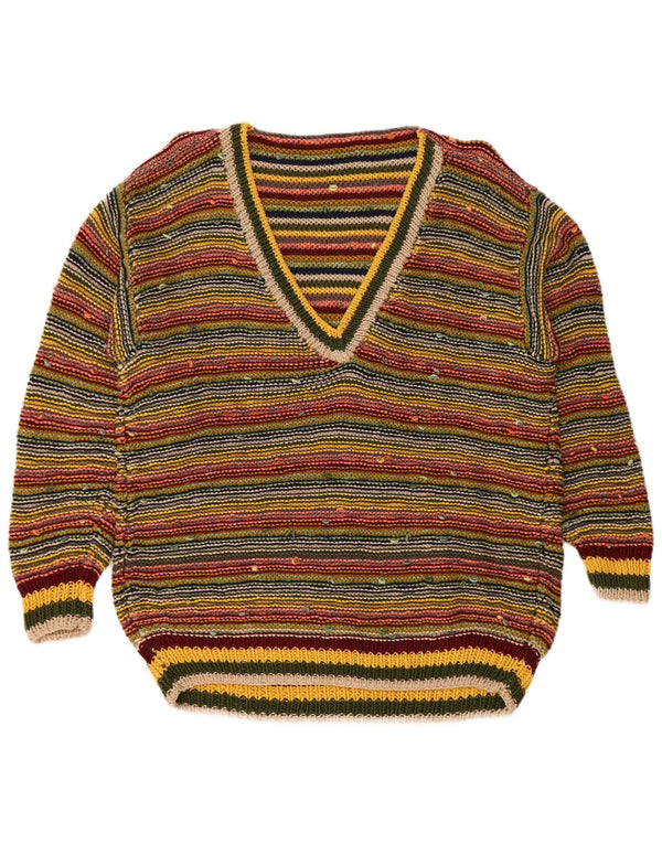 Vintage Damen V-Ausschnitt Pullover Pullover UK 16 Groß Mehrfarbig gestreift