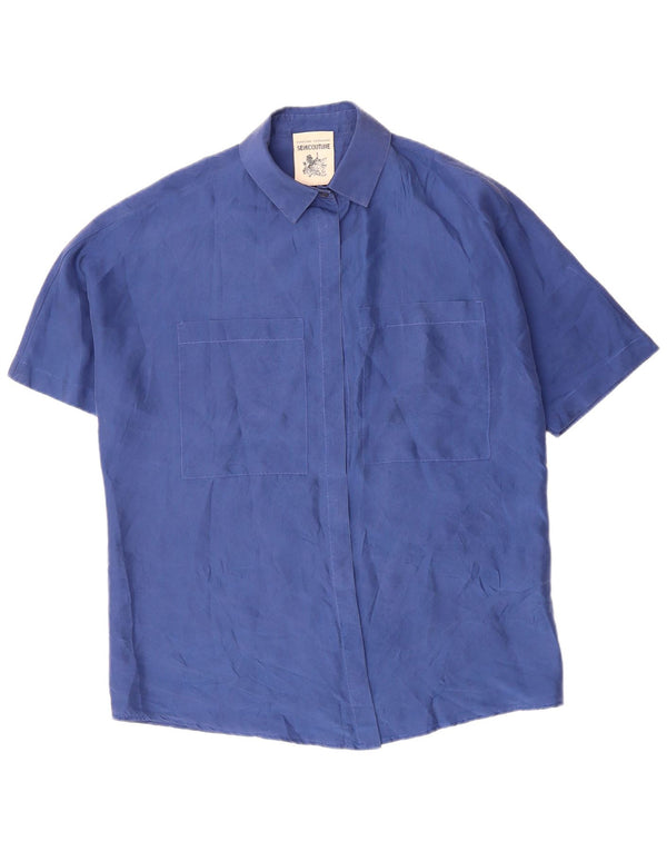 SEMICOUTURE Damen Kurzarm-Hemdbluse UK 18 XL Blaue Seide