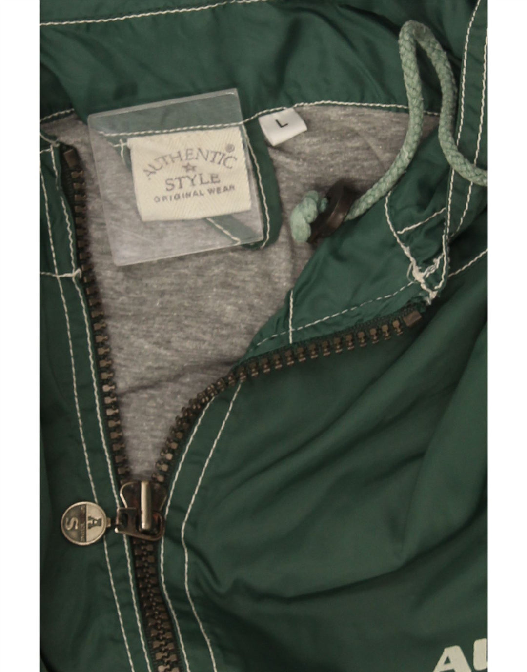 Authentische Herren-Windbreakerjacke mit grafischer Kapuze, Gr. 40, großes grünes Nylon