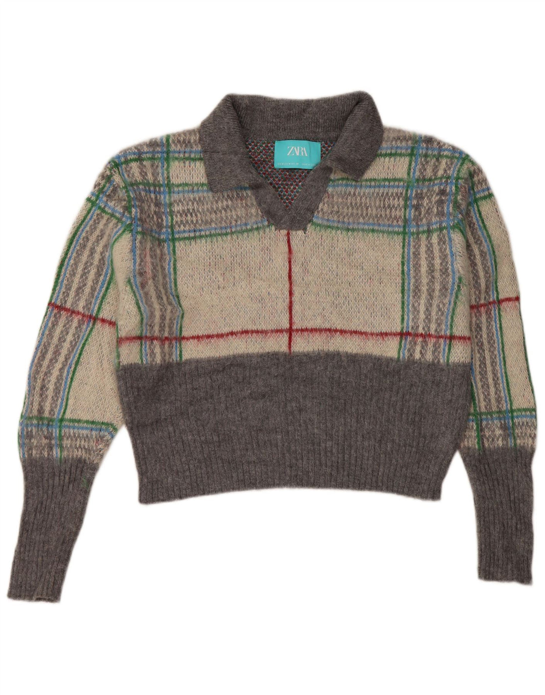 Zara Damen-Pullover, übergroß, kurz geschnitten, mit Polokragen, UK 14, mittelgrau kariert