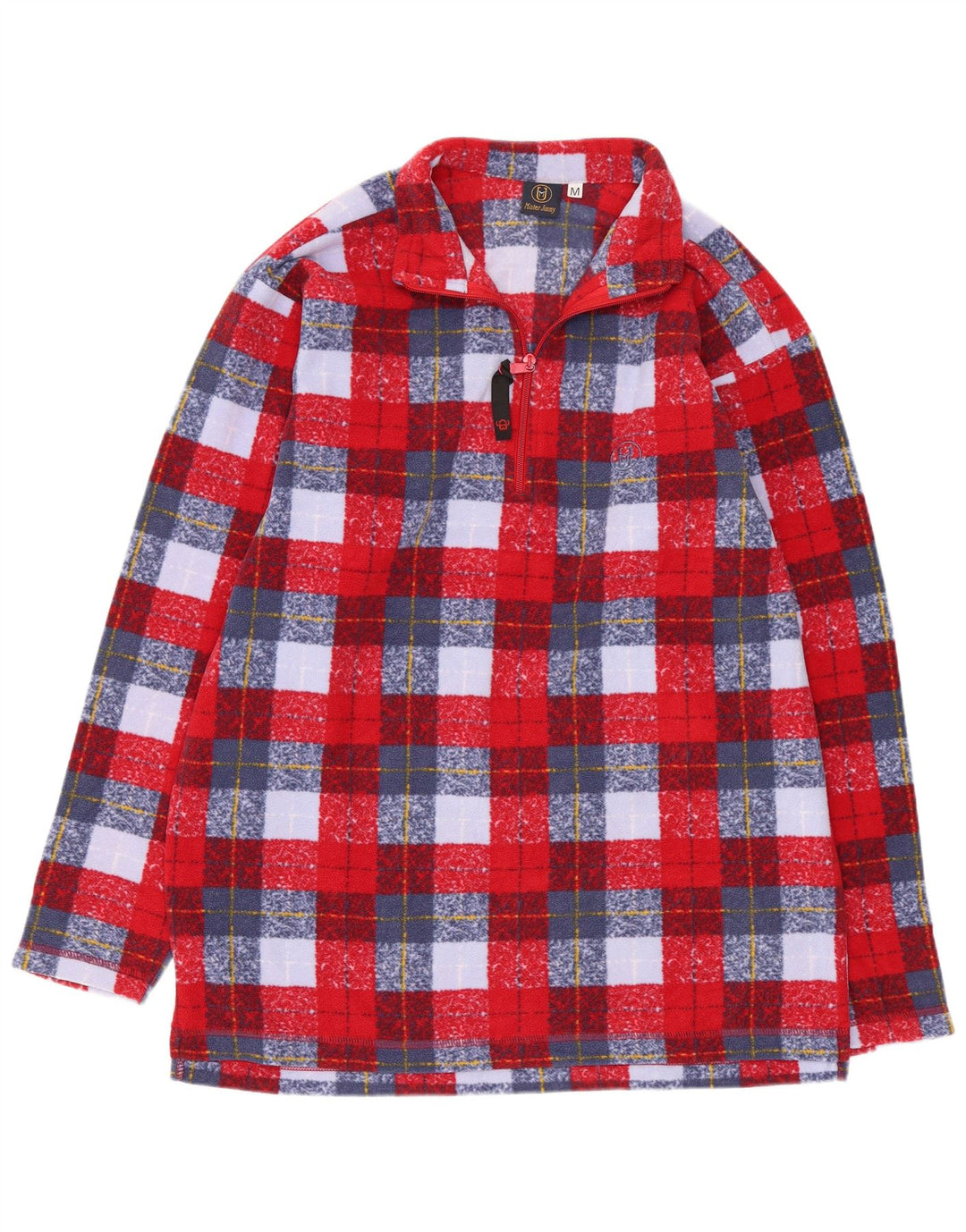 Vintage Herren-Fleecepullover mit Reißverschluss, mittelrot, kariertes Polyester