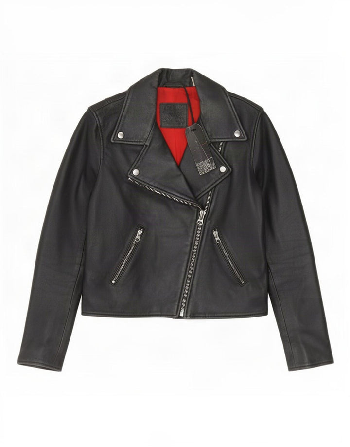 Levi's Damen Crop Leder Bikerjacke UK 6 XS Schwarz