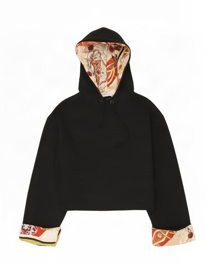 Zara Womens Crop Abstract Pattern Übergroßer Kapuzenpullover UK 10 Small Schwarz