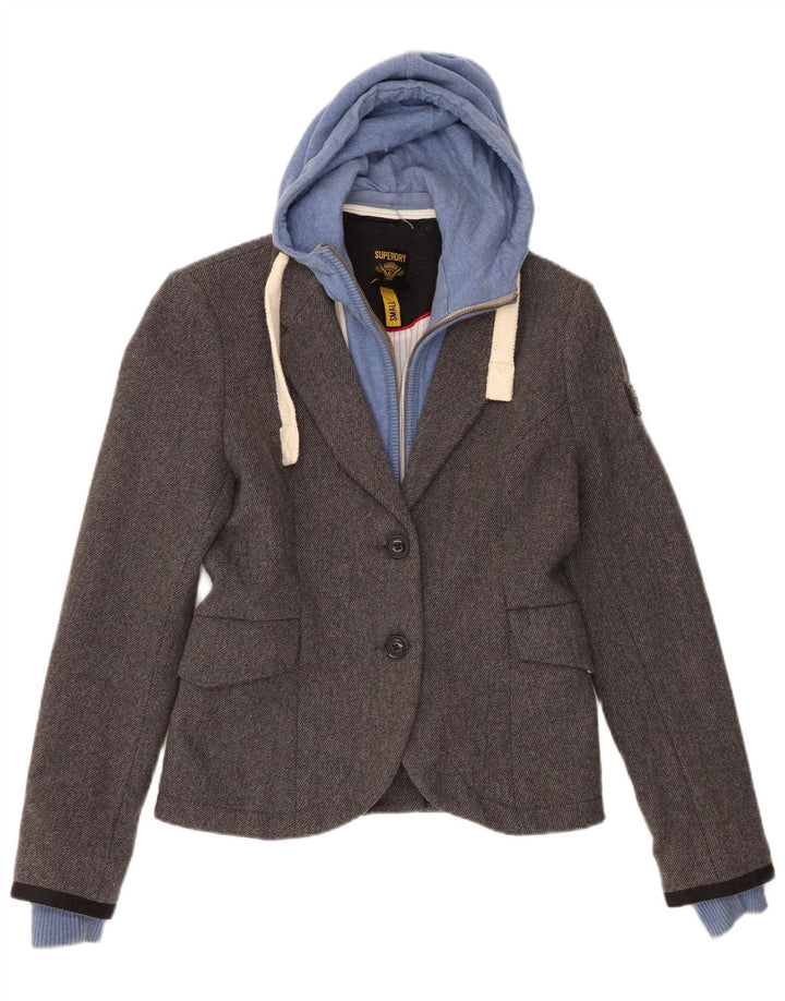 Superdry Damen-Blazer mit Kapuze und 2 Knöpfen, UK 10, Größe S, graue Wolle