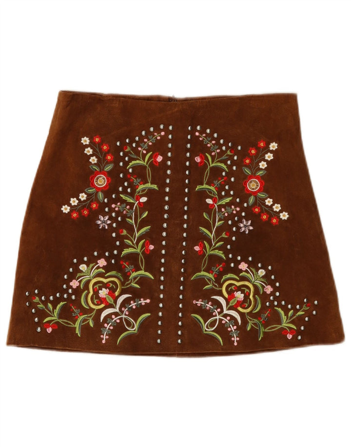 Zara Damen Wildlederrock Klein W26 Braunes Blumenleder