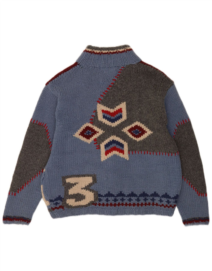 S.Moritz Herren-Strickjacke, handgefertigt, groß, blau, geometrisch, Wolle, Neuheit