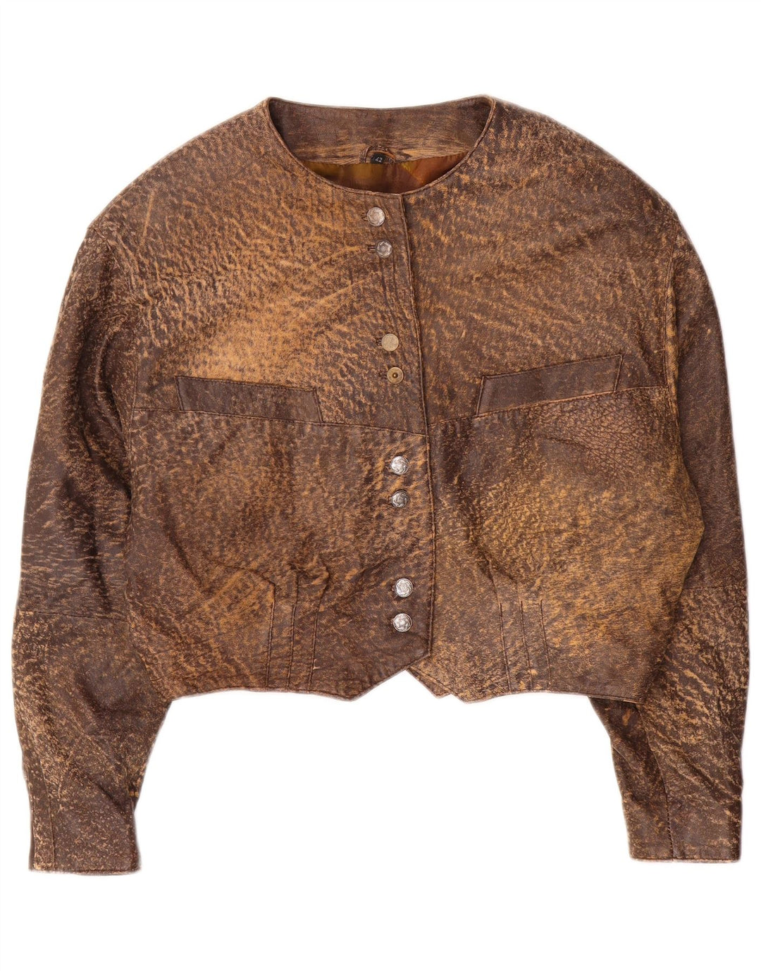 Vintage Damen Crop Lederjacke IT 42 Mittelbraunes Leder mit Animal-Print