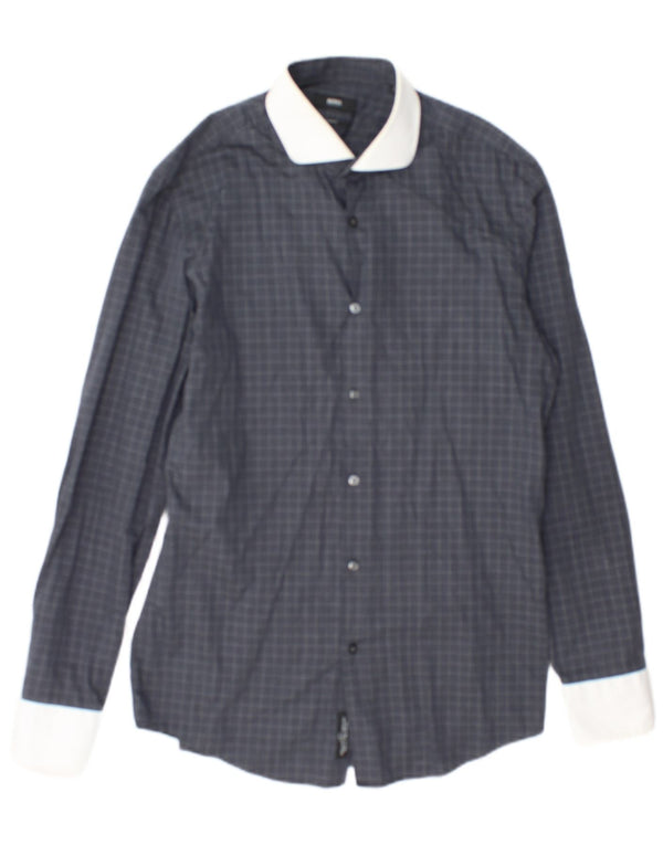 Hugo Boss Mens Slim Fit Shirt Size 40 15 3/4 Medium Grey Check Cotton