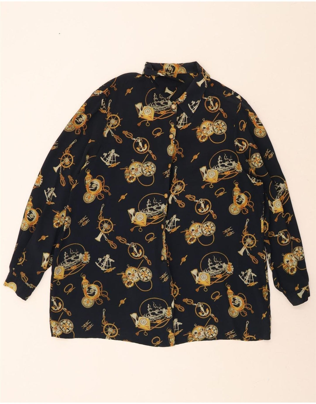 VINTAGE Womens Oversized Graphic Shirt Blouse UK 16 Large Navy Blue Vintage Vintage and Second-Hand Vintage from Messina Hembry 