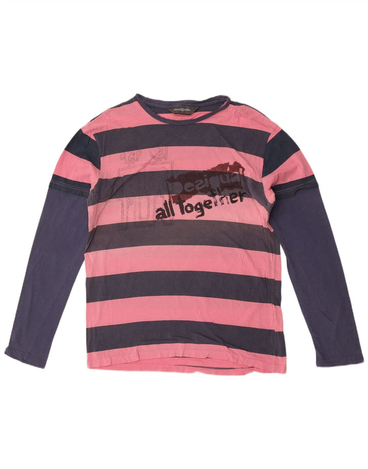 Desigual Herren Grafik-Oberteil, langärmelig, groß, rosa gestreift, Baumwolle