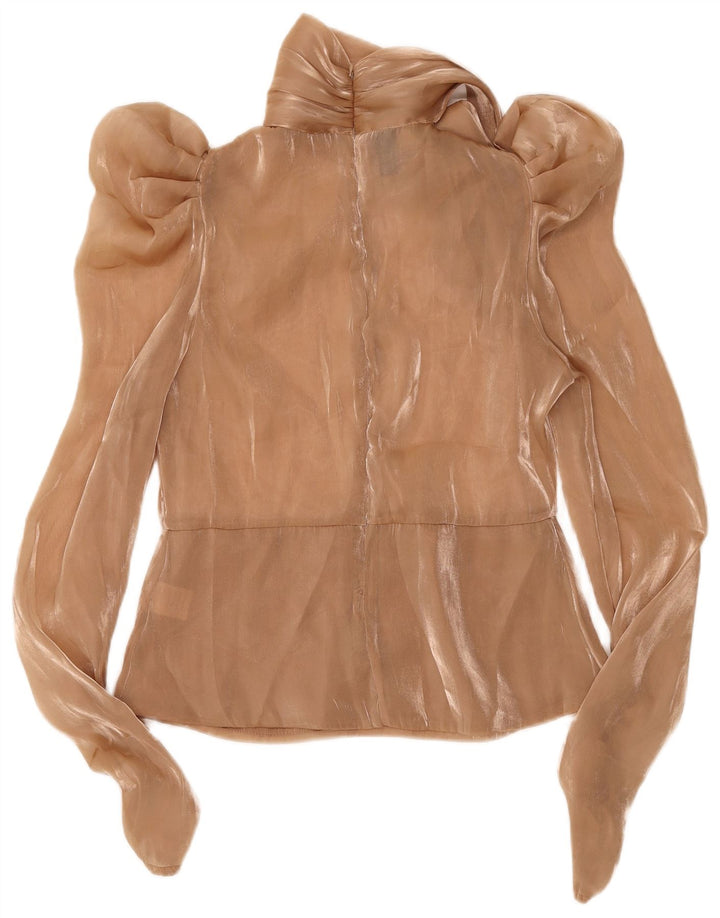 Vintage Damen Langarm-Bluse Top UK 10 Small Beige geflecktes Polyester