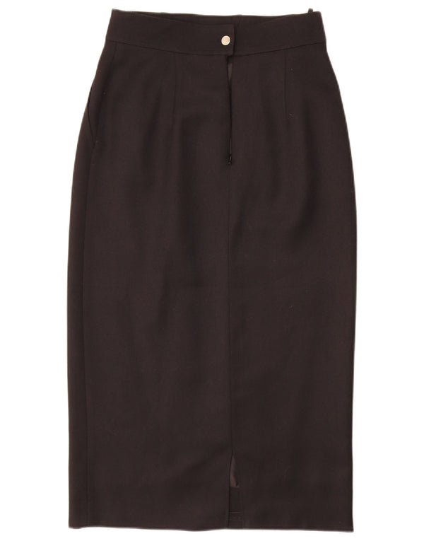 Vintage Damen High Waist Midi Rock UK 10 Small W26 Schwarze Wolle