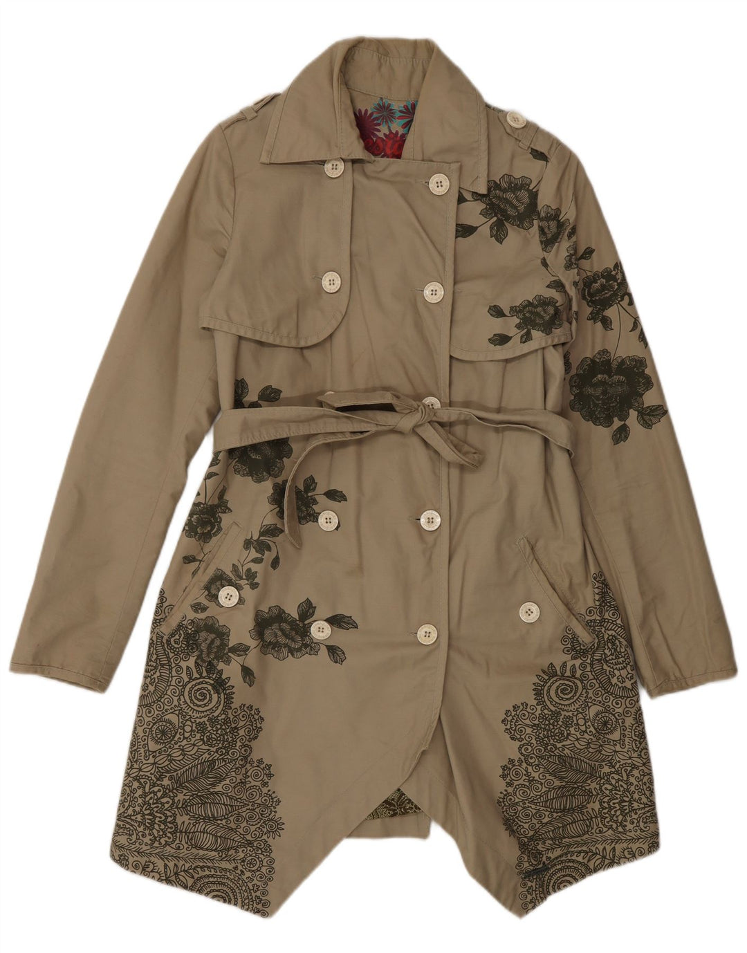 Desigual Damen Zweireihiger Trenchcoat EU 38 Mittelbeige mit Blumenmuster