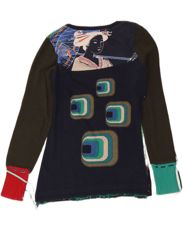 Desigual Womens Graphic Top Langarm UK 14 Large Marineblau mit Blumenmuster