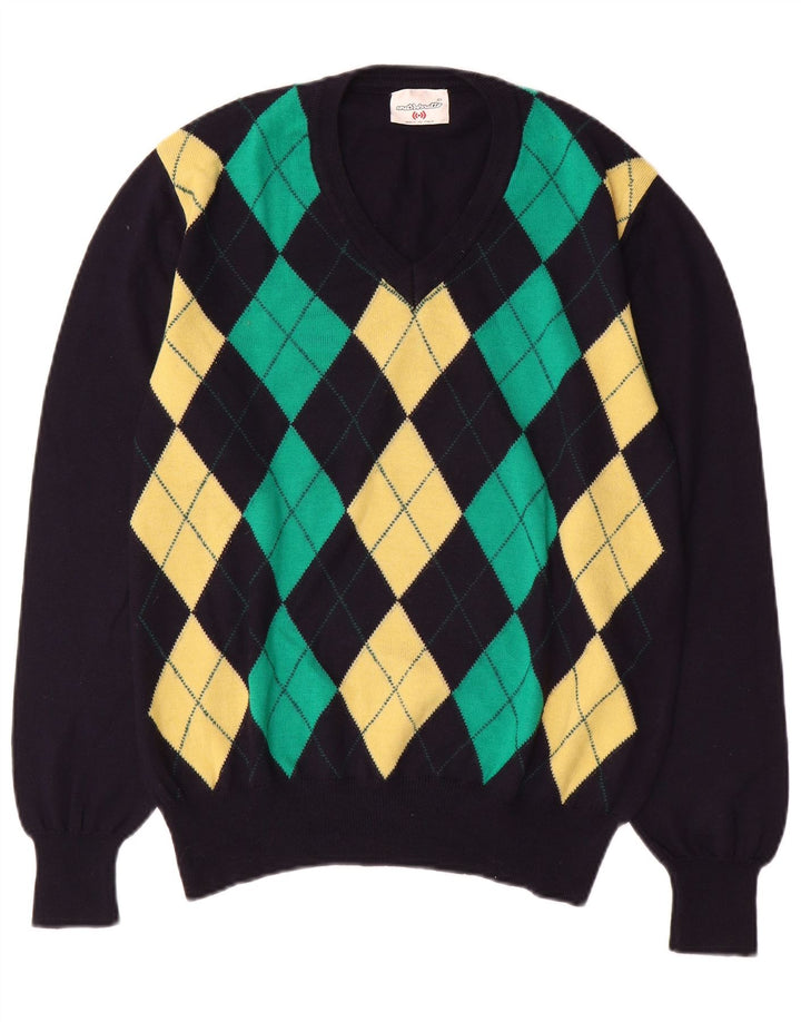 Marronetto Herren-Pullover mit V-Ausschnitt, klein, marineblau, Argyle-/Diamant-Wolle