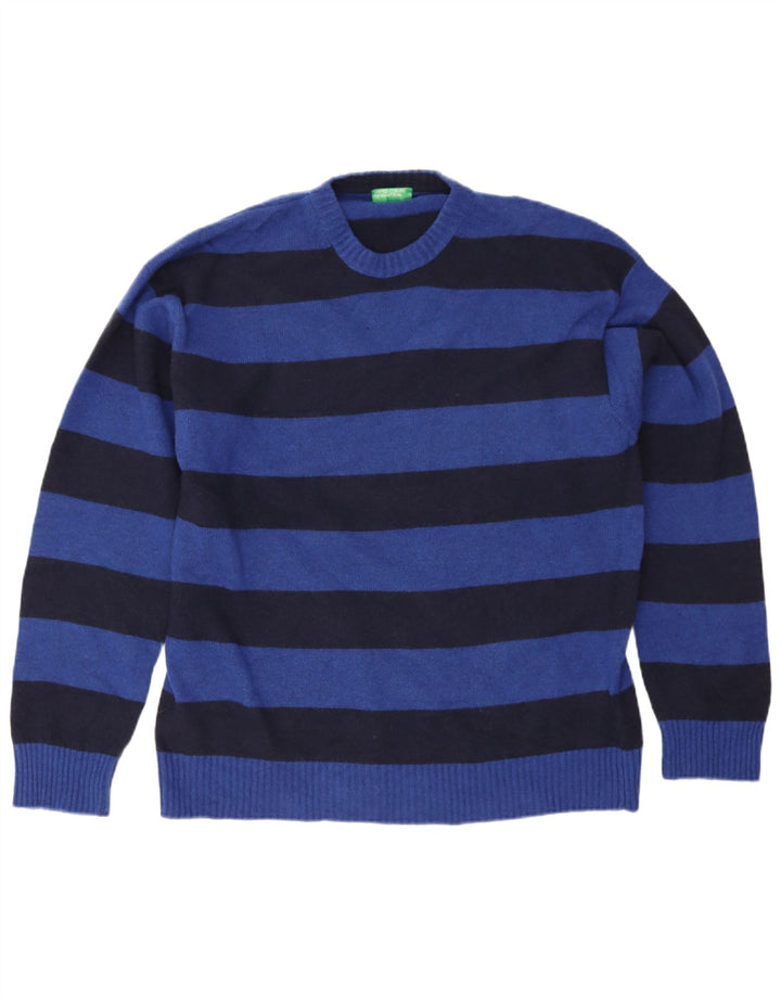 Benetton Herren-Pullover mit Rundhalsausschnitt, 2XL, blau gestreift, Wolle