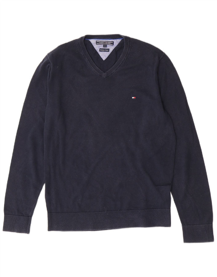 Tommy Hilfiger Herren-Pullover mit V-Ausschnitt, mittelmarineblaue Baumwolle