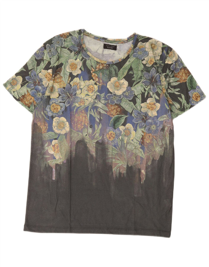 Zara Herren-T-Shirt mit Grafik, groß, grau, geblümt, Polyester