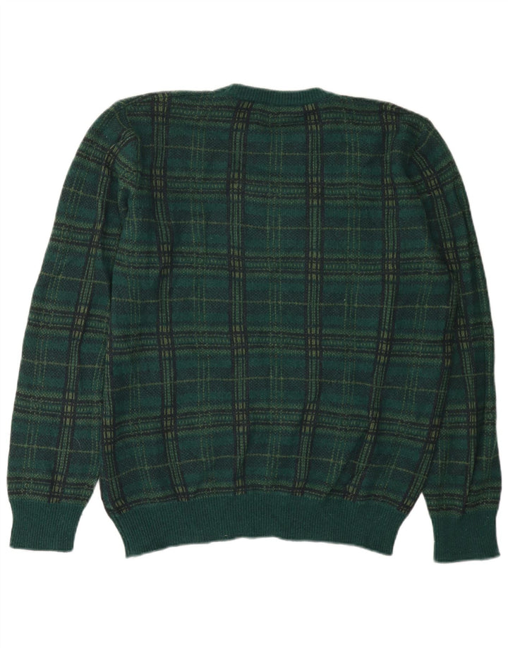 Benetton Herren-Pullover mit Rundhalsausschnitt, XL, grün karierte Wolle