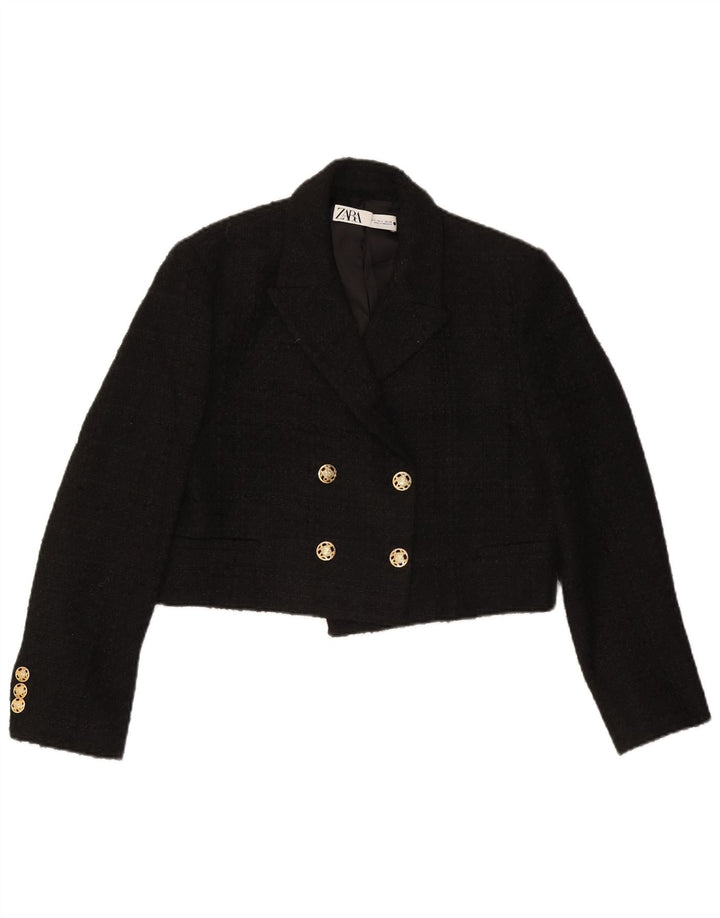 Zara Damen Crop Zweireiher Blazer Jacke UK 16 Large Schwarz Polyester
