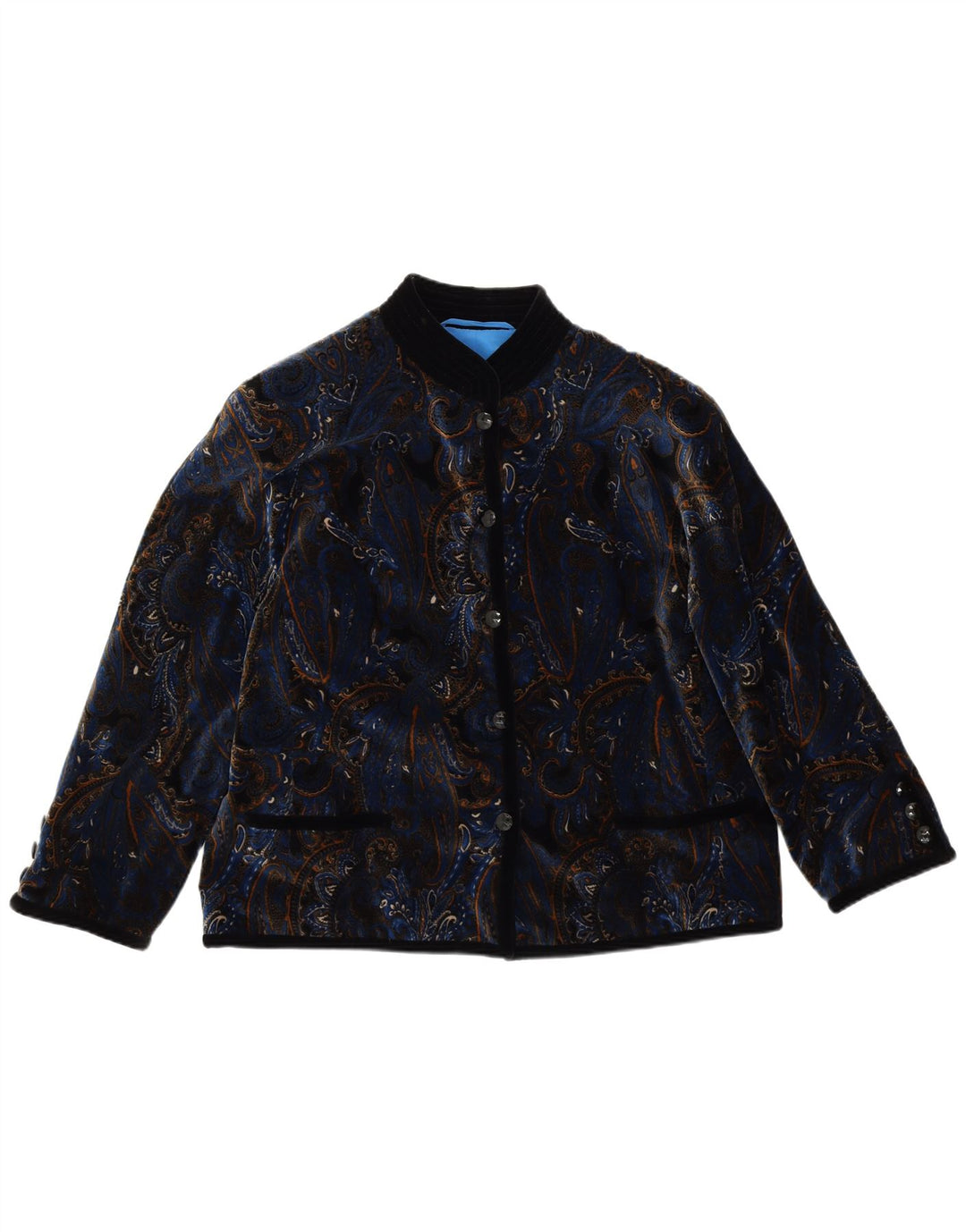 VINTAGE Damen Samt 5-Knopf-Blazerjacke UK 14 Großes blaues Paisleymuster