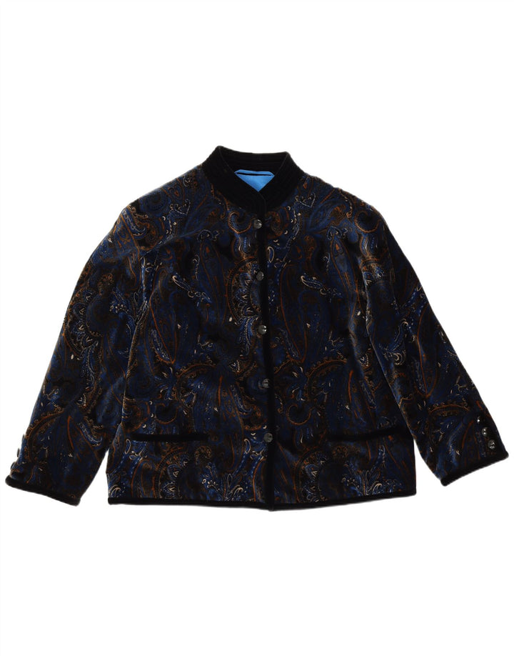 VINTAGE Damen Samt 5-Knopf-Blazerjacke UK 14 Großes blaues Paisleymuster