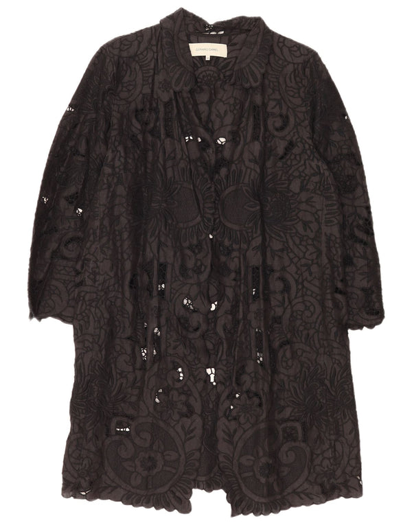 Gerard Darel Damen Robenkleid mit 3/4-Ärmeln, Größe 46, großes schwarzes Ramie-Blumenmuster