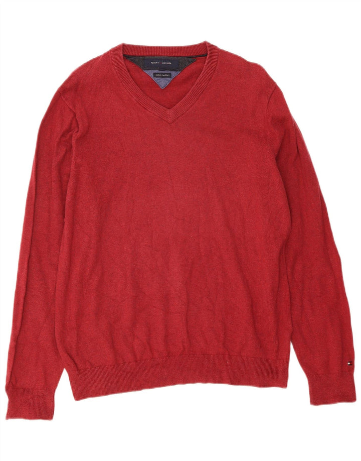 TOMMY HILFIGER Mens V-Neck Jumper Sweater Medium Red Cotton