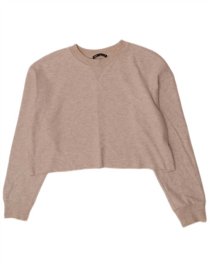 Zara Damen Crop Top Langarm UK 16 Large Beige Polyester