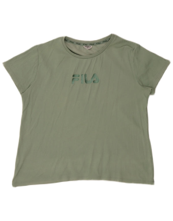 Fila Damen Kurzarm-Grafik-T-Shirt-Oberteil UK 14 Mittelgrüne Baumwolle