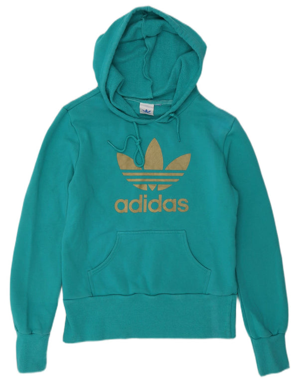 Adidas Womens Graphic Hoodie Jumper UK 10 Small Turquoise Cotton