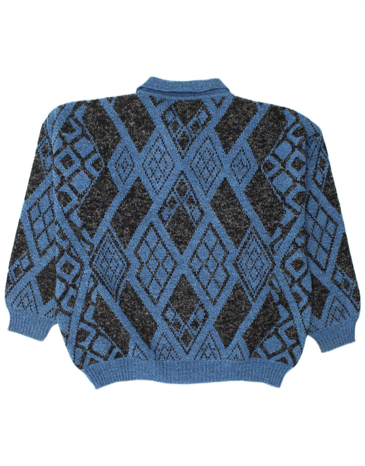VINTAGE Herren-Pullover mit Rollkragen, groß, blau, Argyle/Diamant